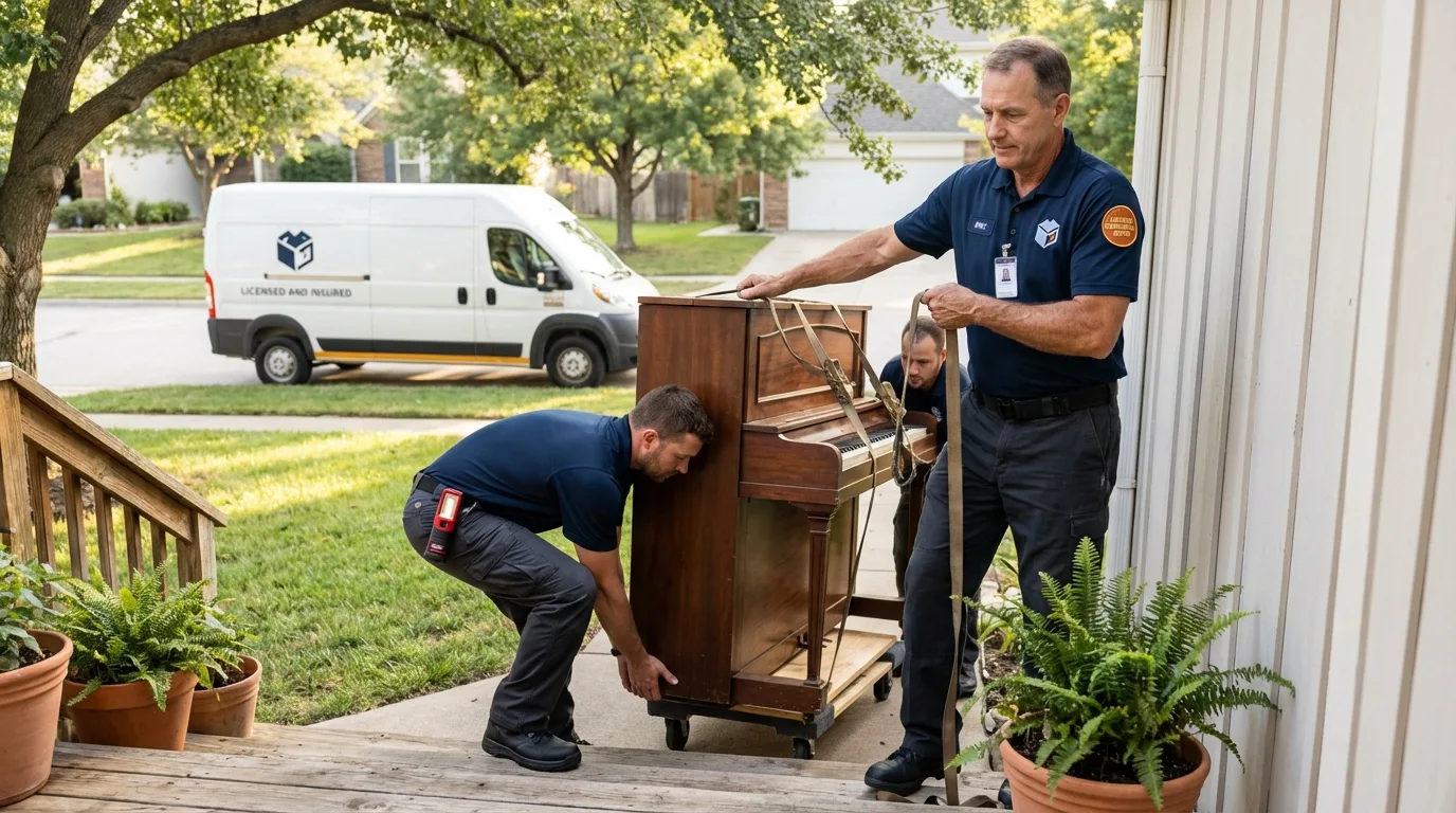 Licensed piano movers securing grand piano in Oswego, NY