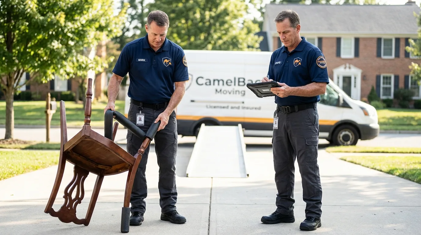 Movers inspecting furniture for damage prevention before loading in Oswego, NY