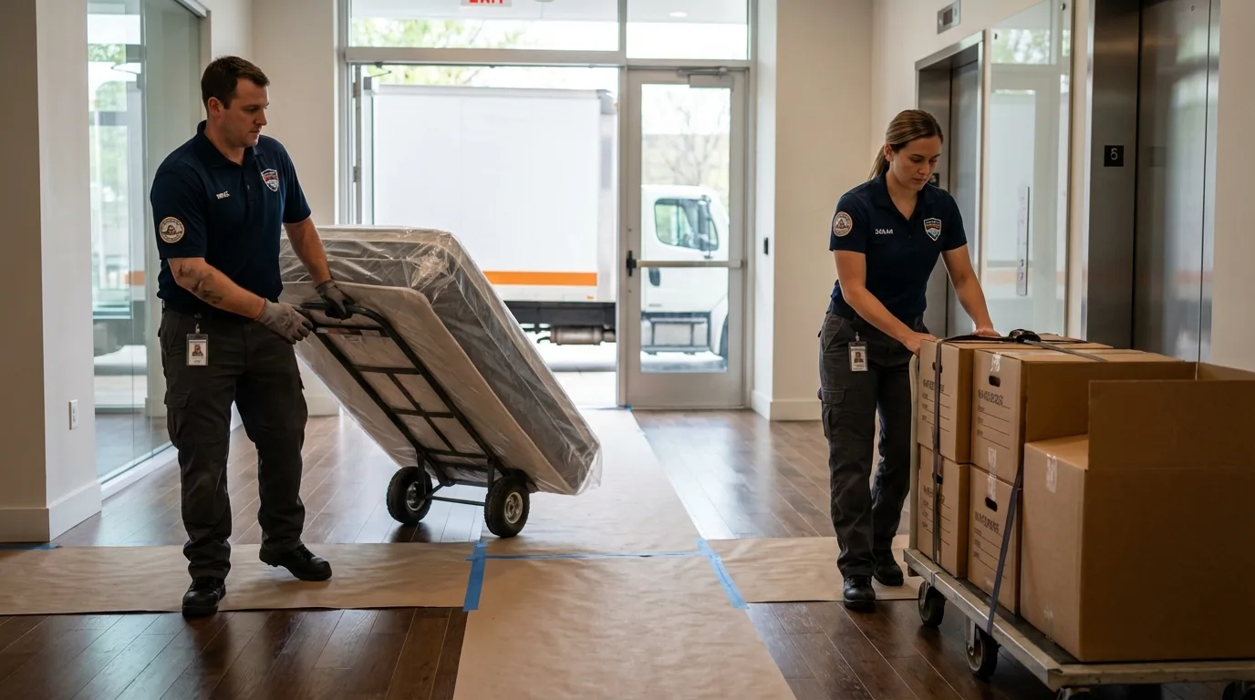 Professional apartment movers loading elevator in Oswego, NY